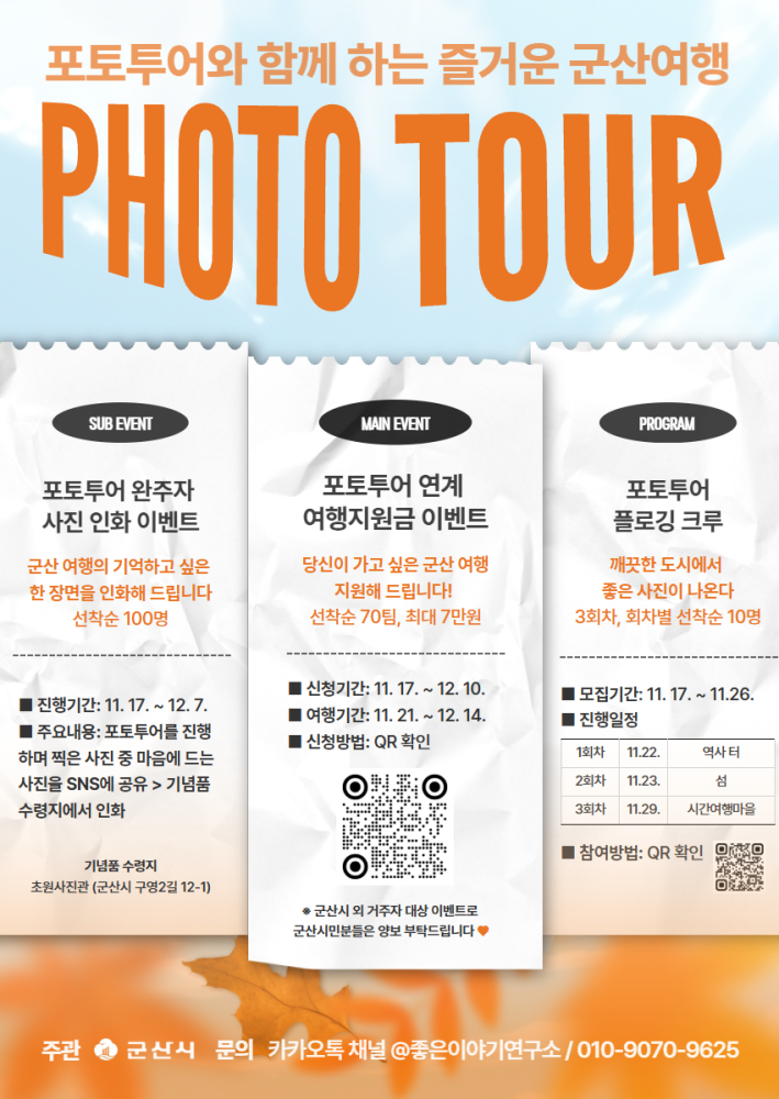 포토투어와 함께 하는 즐거운 군산여행 PHOTO TOUR’ 행사 포스터.
서브 이벤트: 포토투어 완주자 사진 인화 이벤트(11.17~12.7), SNS 공유 시 기념품 수령 후 사진 인화, 선착순 100명.
메인 이벤트: 포토투어 연계 여행지원금 이벤트(11.17~12.10 신청, 11.21~12.14 여행), 최대 7만원 지원, 선착순 70명.
프로그램: 포토투어 플로깅 크루(11.17~11.26 모집), 3회차 진행, 회차별 선착순 10명.
하단에 주관: 군산시, 문의: 카카오톡 채널 좋은이야기연구소 / 010-9070-****