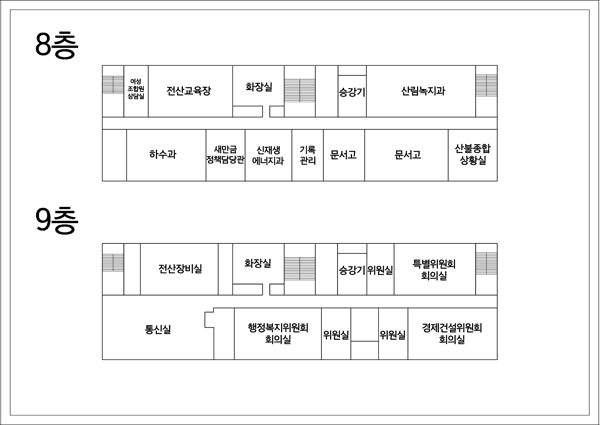 8층: 승강기를 중심으로 좌측부터 시계방향으로 산림녹지과, 산불종합상황실, 문서고, 문서고, 기록관리, 신재생에너지과, 새만금정책담당관, 하수과, 여성조합원상담실, 전산교육장, 화장실이 위치한다. 9층: 승강기를 중심으로 좌측부터 시계방향으로 위원실, 특별위원회 회의실, 경제건설위원회 회의실, 위원실, 위원실, 행정복지위원회 회의실, 통신실, 전산장비실, 화장실이 위치한다.