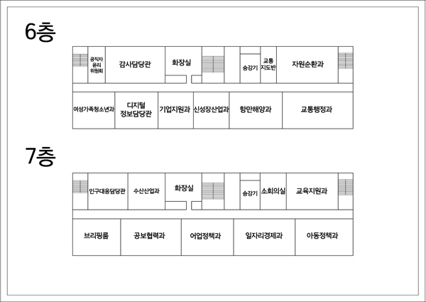 6층: 승강기를 중심으로 좌측부터 시계방향으로 교통지도반, 자원순환과, 교통행정과, 항만해양과, 신성장산업과, 디지털정보담당관, 여성가족청소년과, 공직자윤리위원회, 감사담당관, 화장실이 위치한다. 7층: 승강기를 중심으로 좌측부터 시계방향으로 소회의실, 교육지원과, 아동정책과, 일자리경제과, 인구대응담당관, 공보협력과, 브리핑룸, 어업정책과, 수산산업과, 화장실이 위치한다.