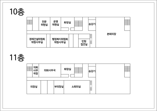 10층: 승강기를 중심으로 좌측부터 시계방향으로 본회의장, 운영위원회위원실, 민원접견실, 행정복지위원회 위원사무실, 경제건설위원회 위원사무실, 전문위원실, 화장실이 위치한다. 11층:승강기를 중심으로 좌측부터 시계방향으로 소회의실, 부의장실, 의장실, 의회사무국장, 의회사무국, 화장실이 위치한다.