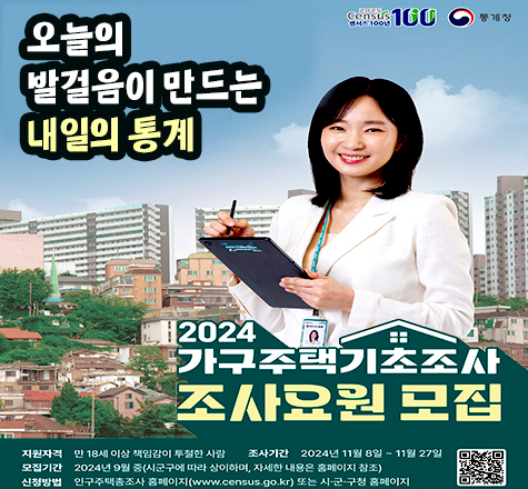 오늘의 발걸음이 만드는 내일의 통계
2025 Census 센서스 100년 통계청
2024 가구주택기초조사 조사요원 모집
- 지원자격 : 만 18세 이상 책임감이 투철한 사람
- 조사기간 : 2024년 11월 8일 ~ 11월 27일
- 모집기간 : 2024년 9월 중(시군구에 따라 상이하며, 자세한 내용은 홈페이지 참조)
- 신청방법 : 인구주택총조사홈페이지(www.census.go.kr) 또는 시군구청 홈페이지

QR코드 링크: https://www.census.go.kr/main/ehpp/aa/ehppaa100m01